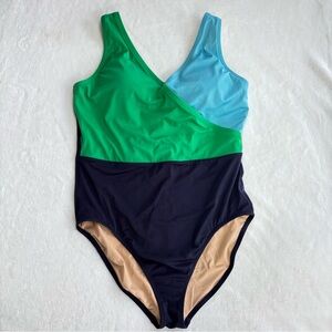 J. Crew One Piece Swimsuit V-Neck Preppy Colorblock Slimming Cruise Beach XL